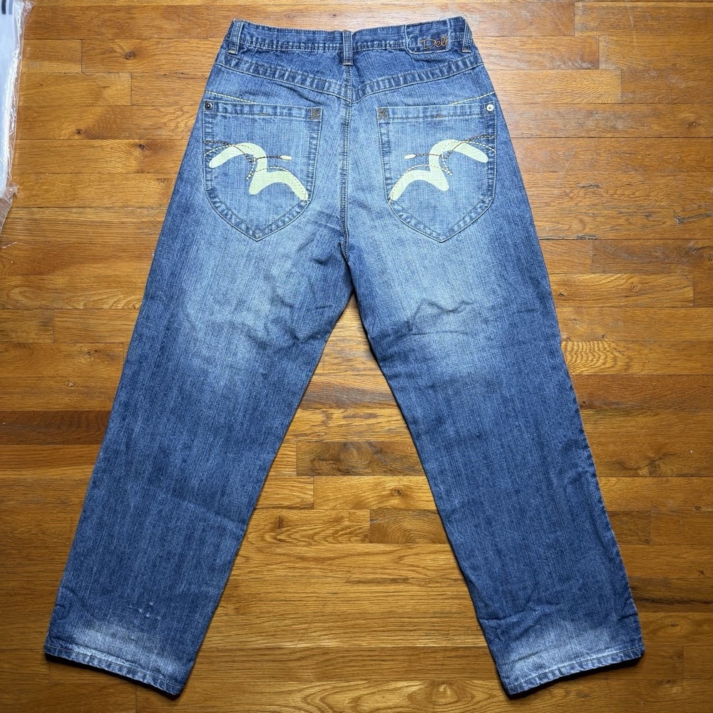 Delf Trading Jeans Men's 34x32 Y2K Wide Leg Grunge Evisu Style Denim Embroidered